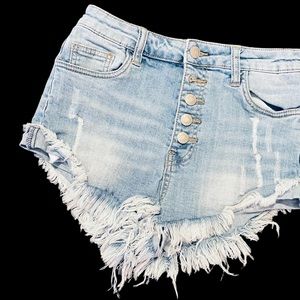 Litz Women Frayed Hem Distressed Exposed Button Fly Light Wash Jean Short Small